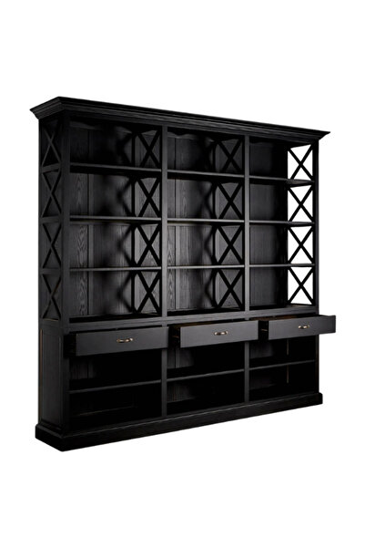 feruzadeco Siyah Ahşap Büyük Kitaplık – 200x190 cm – Çekmeceli, Raflı, Dekora...