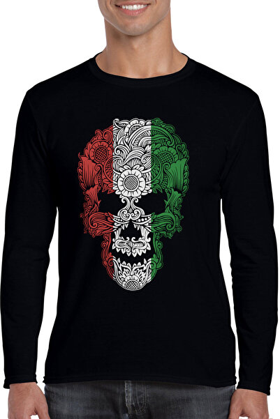 ROCKANDROLL Tricou bărbătesc cu mânecă lungă Italian Skull Black B guler rotu...