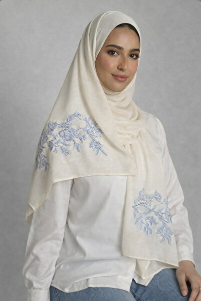 Veil Designer طرحه بوال طبقتين بتطريز فضي مطفي علي الطرفين اغصان الورد قماش ي...