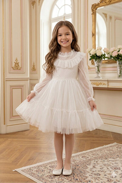 TARZMANYA KİDS KIZ ÇOCUK TÜLDEN YAKASI FIRFIRLI BEYAZ ABİYE