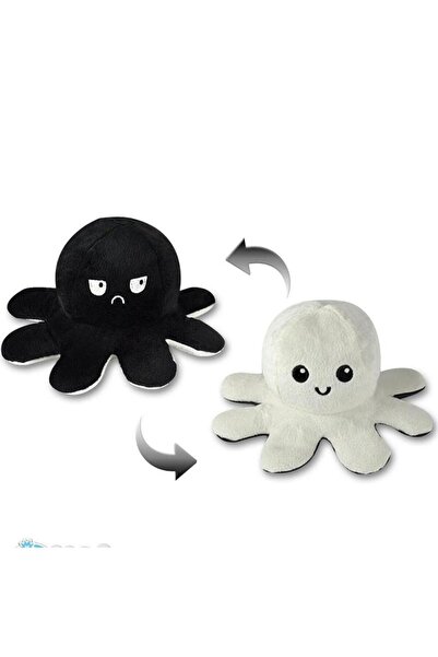 Empressco Çift Taraflı Üzgün-Mutlu Peluş Ahtapot (Siyah-Beyaz) 30 cm