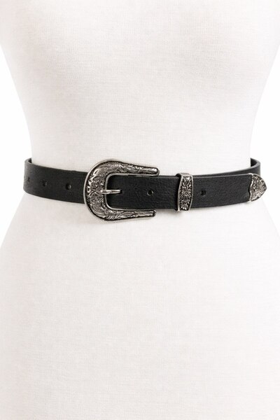 NO BRAND Retro Gümüş Tokalı Siyah Kadın Kemer