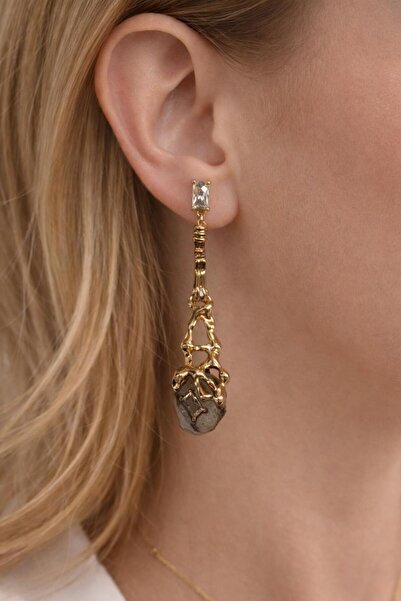 ZS Aksesuar Gold Color Natural Stone Look Long Dangle Women's Earrings Stylis...