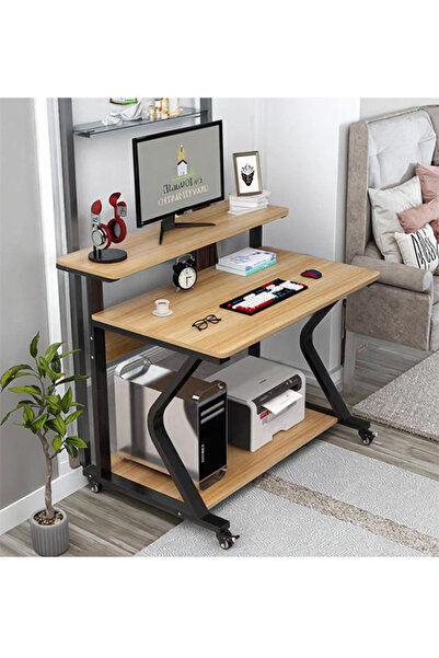Generic 3-Layer Computer Desk with Monitor Shelf,Rolling Study Table,Wooden T...
