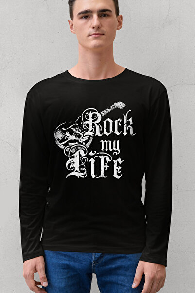 ROCKANDROLL Viața mea este Rock Siyah guler rotund cu mânecă lungă bumbac moa...
