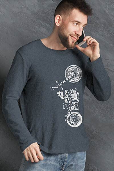 ROCKANDROLL Ανδρικό μπλουζάκι Vertical Motorcycle Anthracite Crew Neck με μακ...