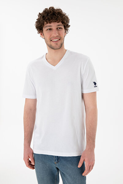 U.S. Polo Assn. Tricou Bărbați Alb Cu Decolteu În V Și Logo Brodat Pe Mânecă