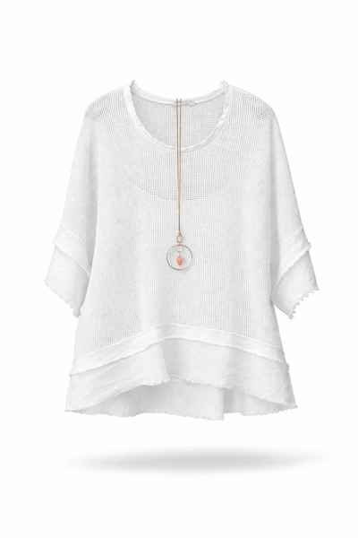 5in1Canpolat Λευκή Μπλούζα Μποέμ με Λεπτομέρεια Κολιέ 39470