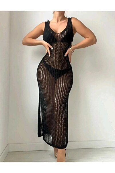 AlanTeks Pareo Back and Plunging Neckline Straps Long 100% Cotton Knitwear Pa...