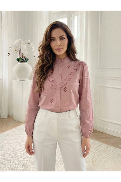 UniqueStore.ro Powder pink blouse with perforated embroidery and decorative r...