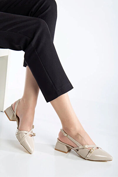 perry shoes Kayra Women's Beige Patent Leather Cross-Strapped Buckled Slingba...