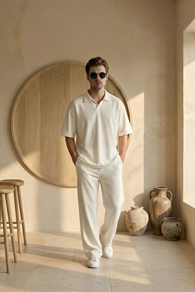 MADZEYMODA Men's Summer White Tracksuit Set Polo Collar T-Shirt Elastic Lace-...