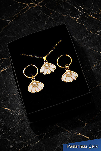 TREND COLLECTİON Kadın Beyaz Çiçek İncili Çelik Kolye Küpe Seti Gold Renk Zar...