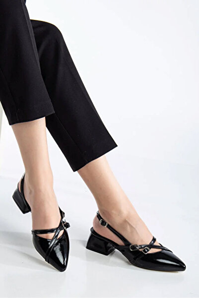 perry shoes Kayra Women's Black Patent Leather Cross-Strapped Buckled Slingba...