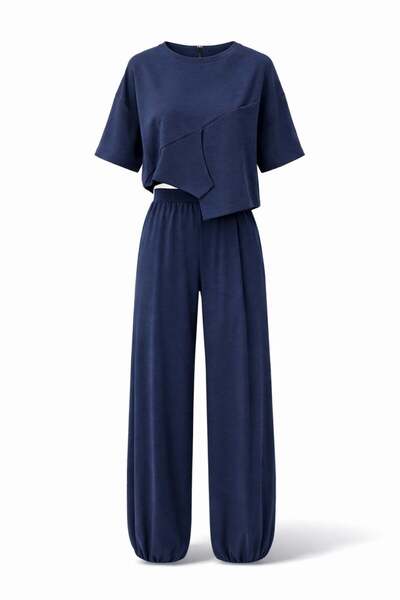 5in1Canpolat Navy Blue Seam Detail T-Shirt Pants Set 0011