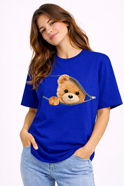 NEVERMIND Zippered Teddy Bear Printed Women's T-Shirt Oversized Cute Teddy Be...