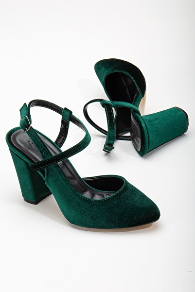 Delroshine Lotus Khaki Velvet Ankle Strap Heeled Women's Shoes