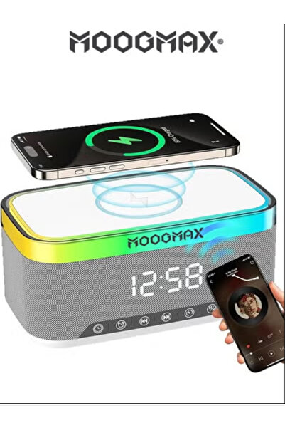 MOOGMAX 4-in-1 Bluetooth speaker with RGB lighting, wireless charger, and clo...