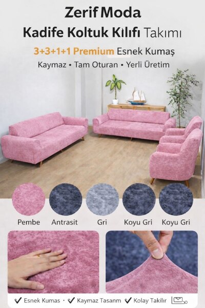 zerif home Kadife Koltuk Örtüsü Takımı 3+3+1+1 Esnek Lastikli Kaymaz Tam Otur...