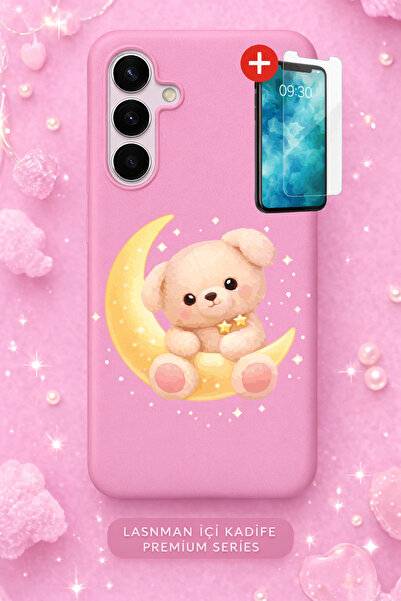 Rulet Aksesuar حافظة هاتف جالاكسي S21 بلس مخمل ذات سطح داخلي وردي منقوش + شاش...