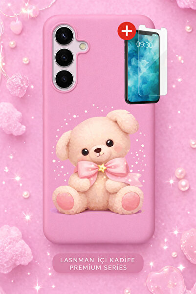 Rulet Aksesuar غطاء هاتف جالاكسي إس25 بلس مخمل بسطح داخلي وردي منقوش + شاشة ز...