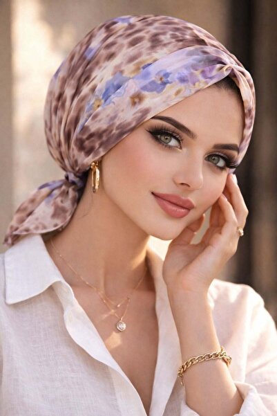 Aişe tesettür Beige Batik Floral Pattern Tulle Buckled Bone