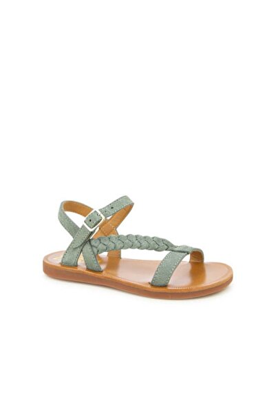 PETIT-ATELlER صندل مسطح من جلد سويدي بلون أخضر فاتح للبنات، مزود بحزام إصبع م...