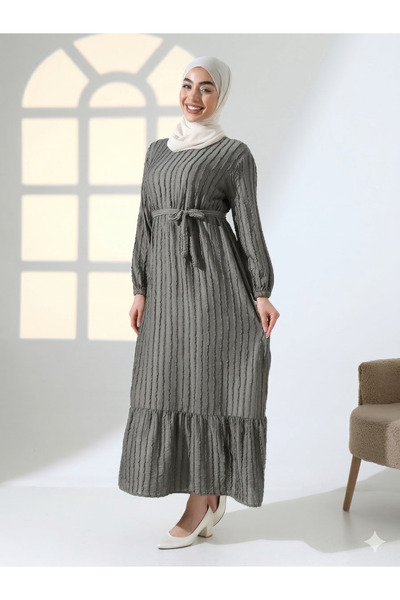 GiyimModum Kadın Gri 40 Beden Tesettür Elbise Oversize Büyük Beden 36-52 Maxi...