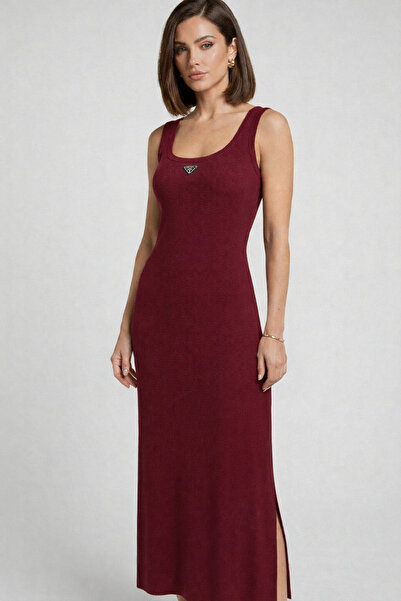 LAREON Women's Burgundy Double Slit Stretchy Corded Fabric Cotton Piece Dress...