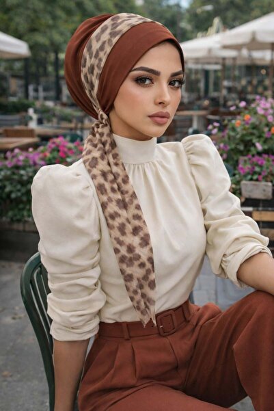 Aişe tesettür Brown Leopard Printed Scarf Bonnet