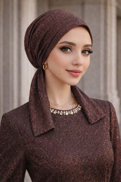 Aişe tesettür Copper Black Sparkling Evening Dress Scarf Bonnet