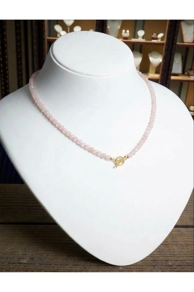 Taşmir Pembe Kuvars Doğal Taş Kolye 6 mm - Pirinç Altın Kaplama T Kilit Aparat