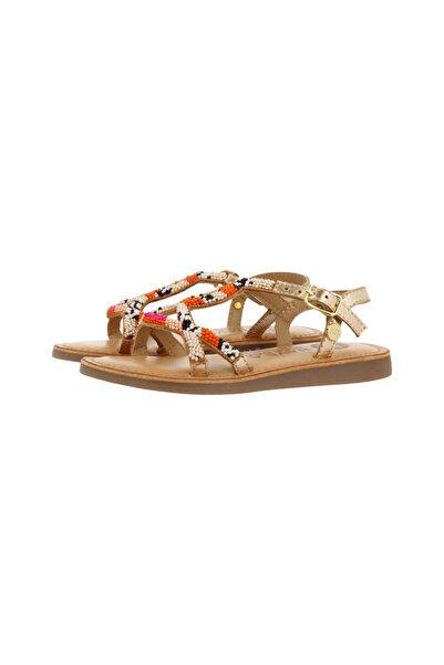 PETIT-ATELlER Girls Gold Leather Sandal Multicolor Beaded T Strap Orange Pink...