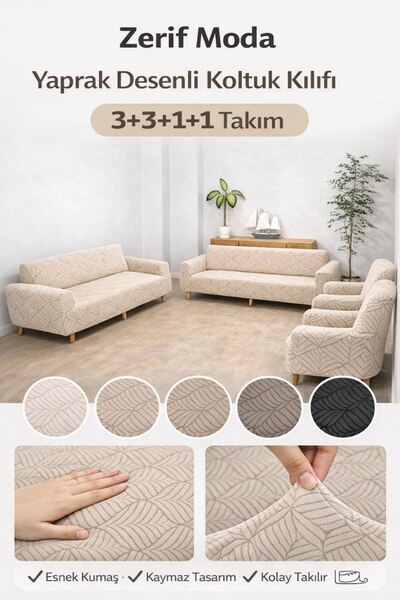 zerıf moda Yaprak Desenli Koltuk Kılıfı 3+3+1+1 Takım Esnek Lastikli Kaymaz T...