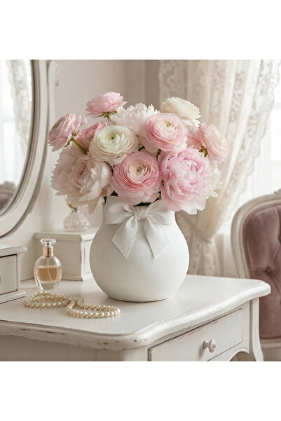 ENG.CO Ribbon Detailed Globe Shaped White Vase – Short Decorative Flower Vase