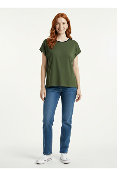 Neden Tekstil Women's Khaki Crew Neck Kimono Sleeve Side Slit Detailed Comfor...