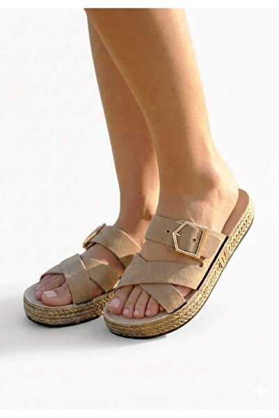 McDark Women's Beige Buckled Open Front Soft Thick Sole Slipper