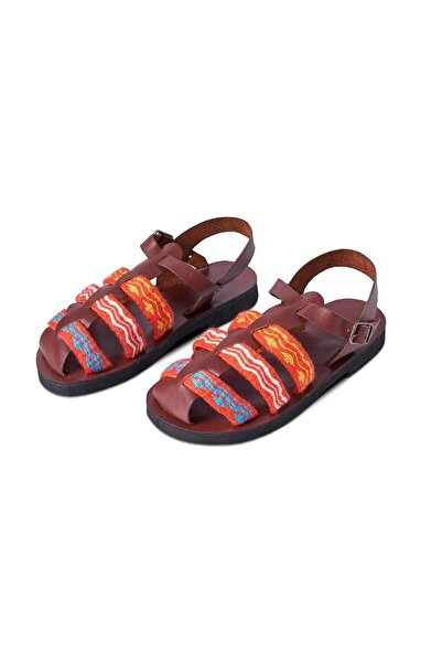 PETIT-ATELlER Girls Dark Brown Leather Bohemian Fisherman Sandal Woven Textil...