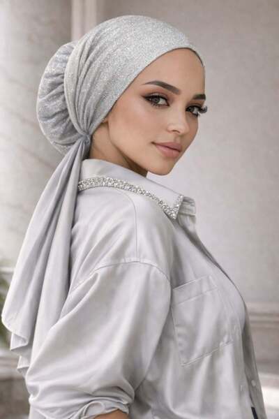 Aişe tesettür Silver Scarf Çağla Evening Dress Ready-To-Wear Turban Hat