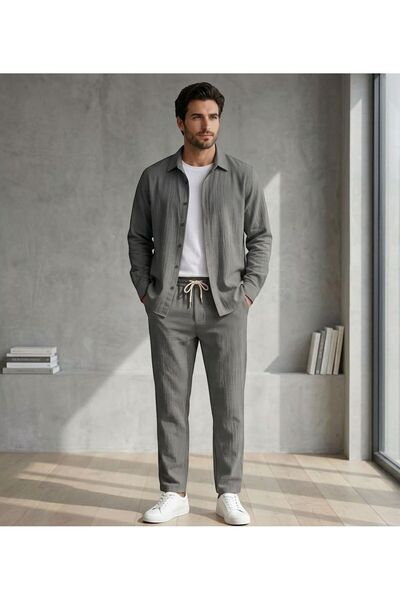 HerTarzınTrendi Cămașă și pantaloni lungi din material textil pentru bărbați ...