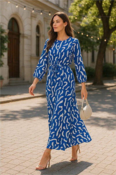 AZALEA Γυναικείο Φόρεμα από Ανοιχτό Μπλε Λινό με Λευκά Σχέδια - Απόλυτη Φρεσκ...