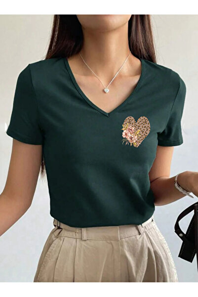 SUNFREE Floral Leopard Heart V-Neck Pam Cotton Short Sleeve Women's Tshirt