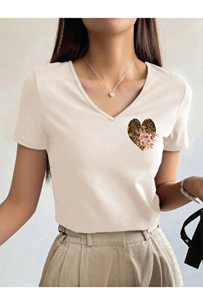 SUNFREE Floral Leopard Heart V-Neck Pam Cotton Short Sleeve Women's Tshirt