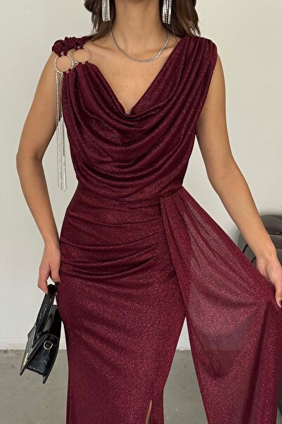 XXL BUTİK Γυναικείο μπορντό Με λεπτομέρεια αλυσίδας Με γκλίτερ υφασμάτινο λαμ...