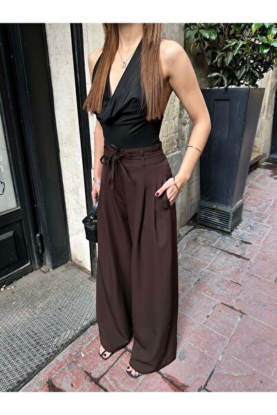 XXL BUTİK Women's Brown High Waist Maxi Palazzo Pants Esr042