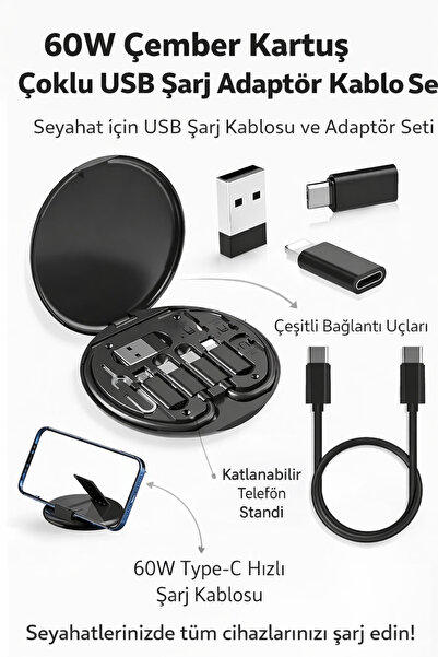 GoMarkt 60W Multi USB Şarj Kablosu Seti – Çoklu Adaptörlü Seyahat Şarj Kiti