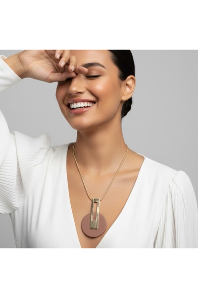 COCOSH TAKI Gold-tone, chunky, light brown round charm modern design necklace.