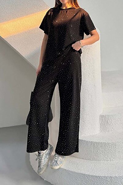 XXL BUTİK Women's Black Modal Fabric Stone Detailed Trousers T-Shirt Set Esr044