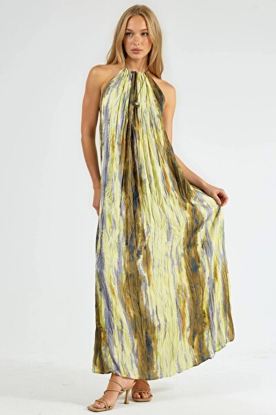 Hiccup Qu Style Textured Patterned Halter Neck Maxi Dress