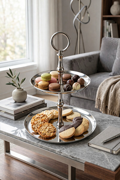 Marla Life 2 Katlı Gümüş&Metal Sunum Standı – Kurabiye, Tatlı, Makaron ve Mey...